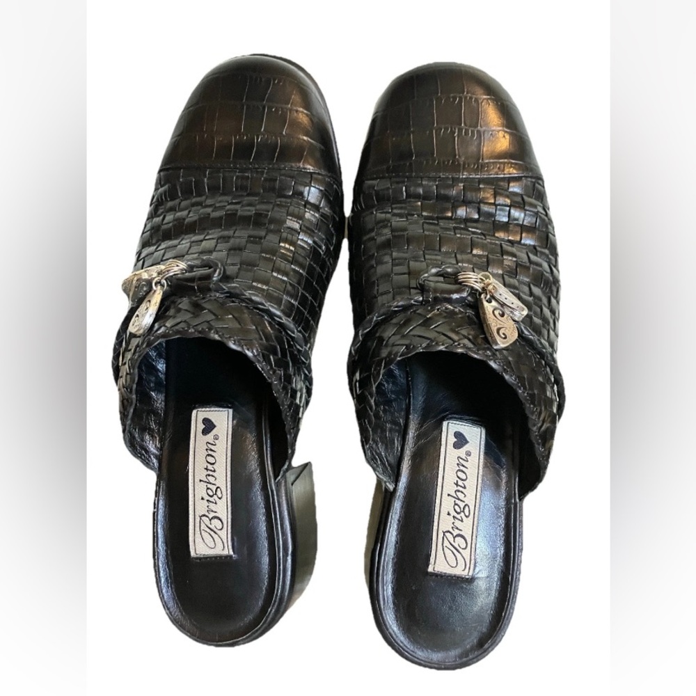 BRIGHTON Franki Blk Woven   Embossed  Leather Mules 2” Chunky Block Heel 7W
